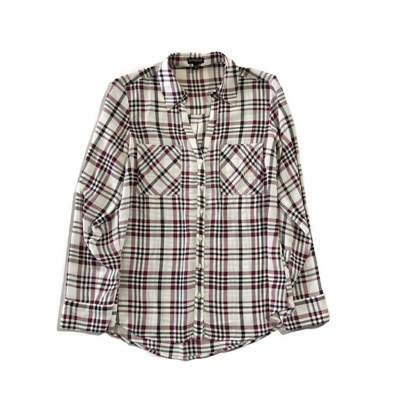 Express Portofino Shirt Womens M Plaid Double Pocket Button Down Roll Tab Sleeve - Picture 1 of 6